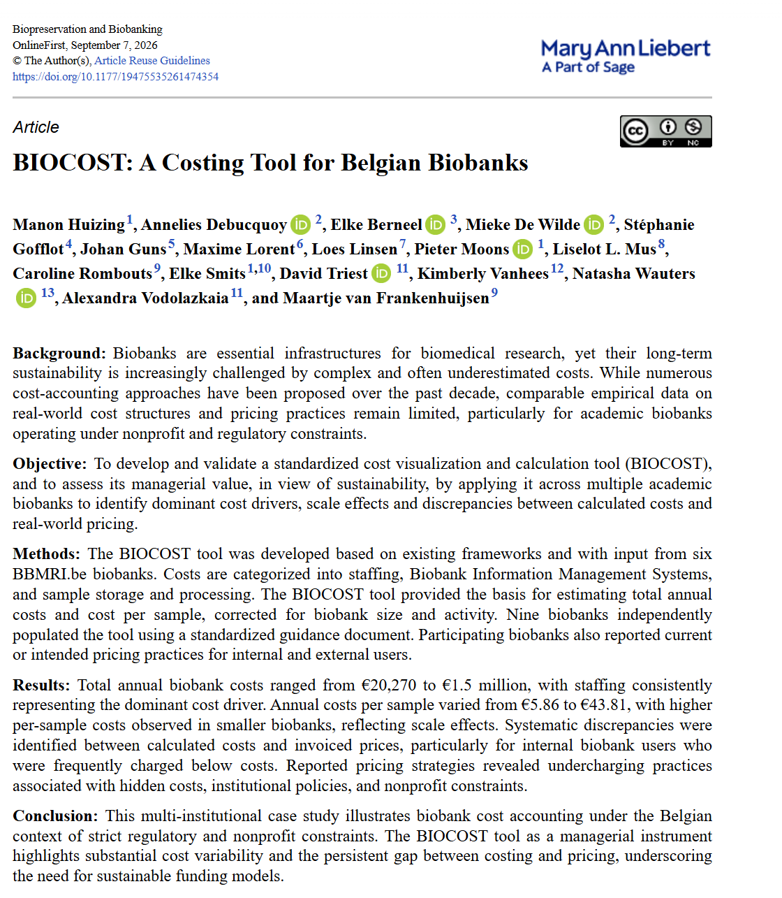 BIOCOST: A Costing Tool for Belgian Biobanks